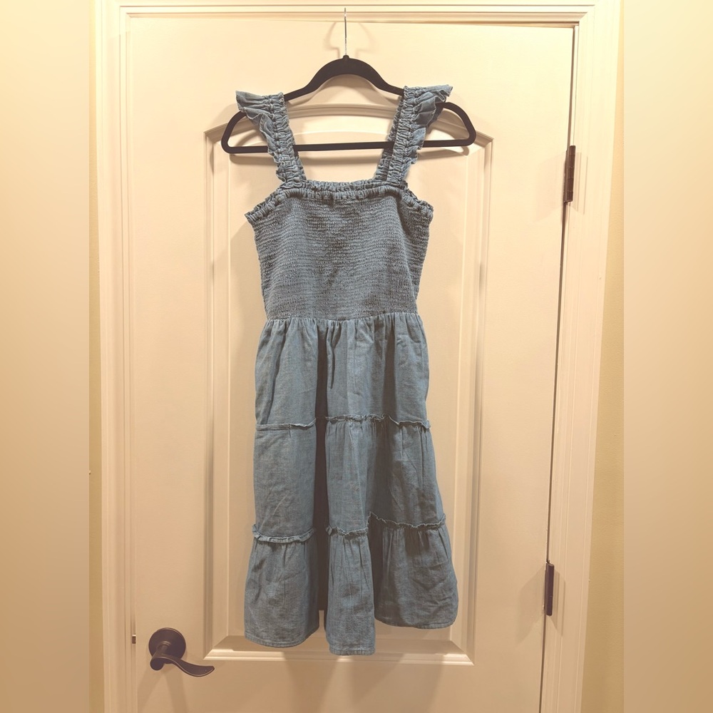 J Crew Chambray Tiered Ruffled Smocked Denim Dress with Pockets